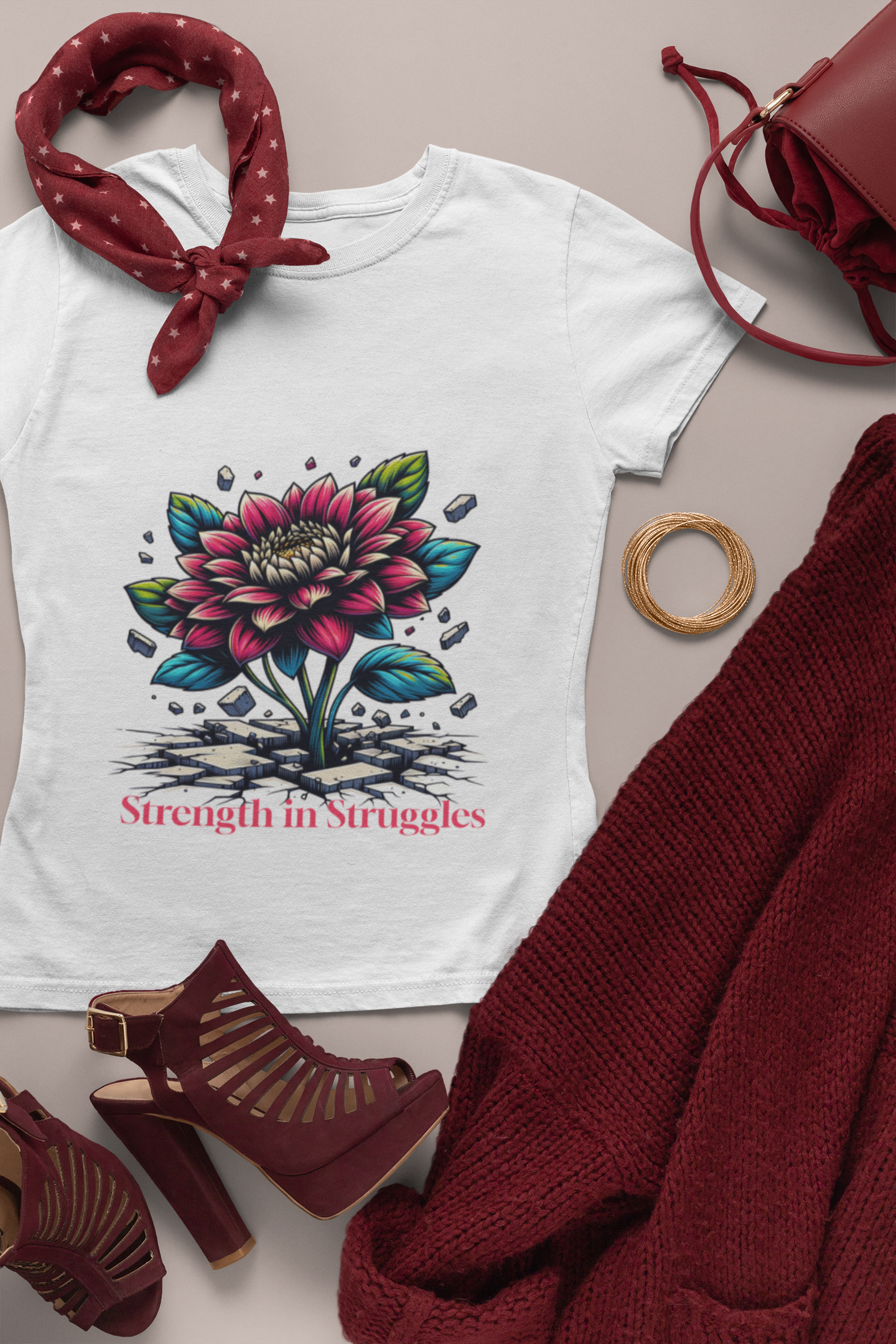 Sustainable Fashion: a white shirt with a flower on it and a red sweater and a red scarf